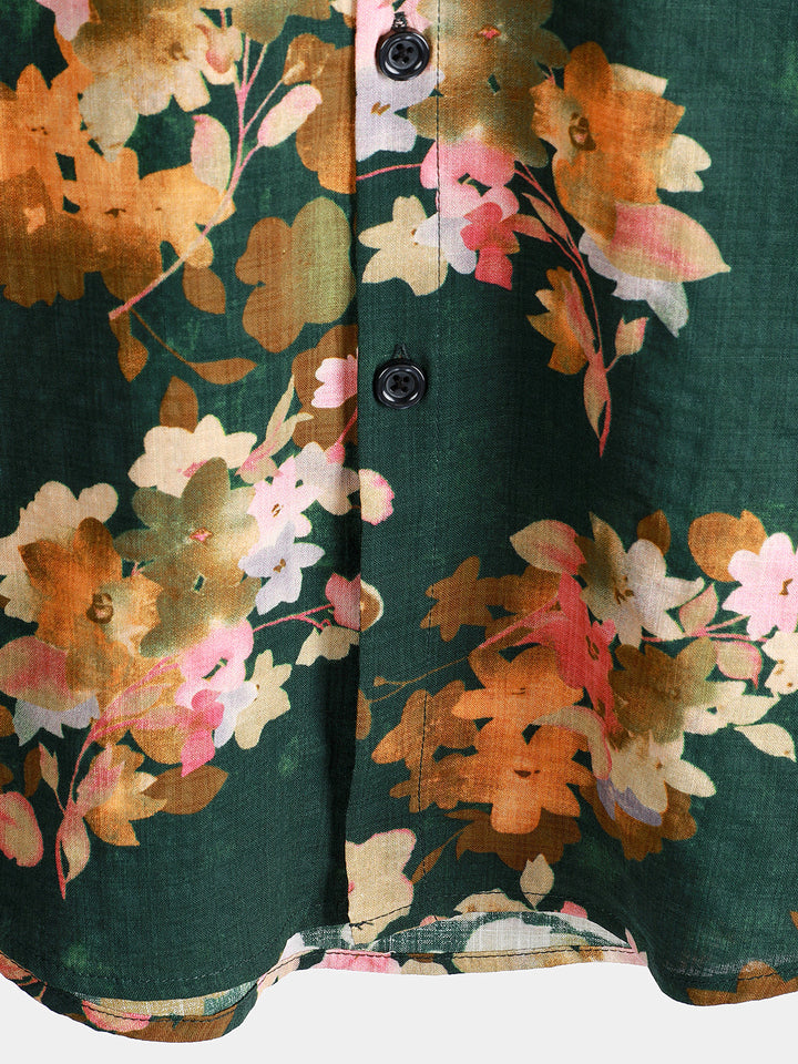 Chemise de plage décontractée à manches courtes en coton vert à fleurs pour homme