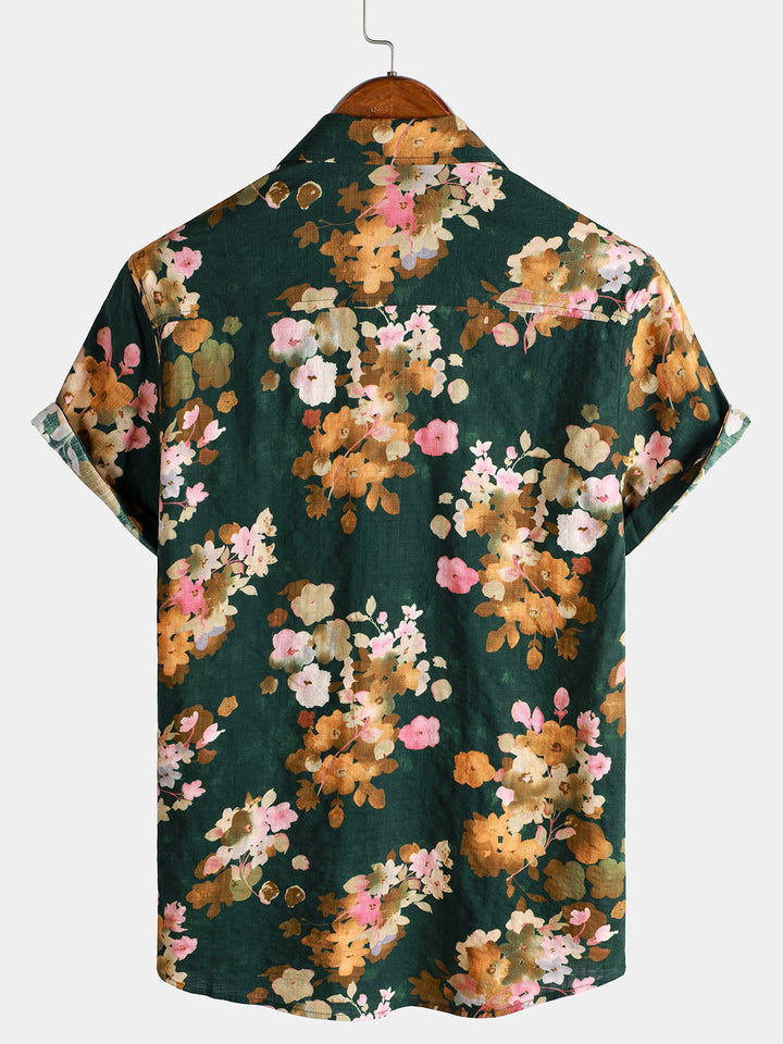 Chemise de plage décontractée à manches courtes en coton vert à fleurs pour homme