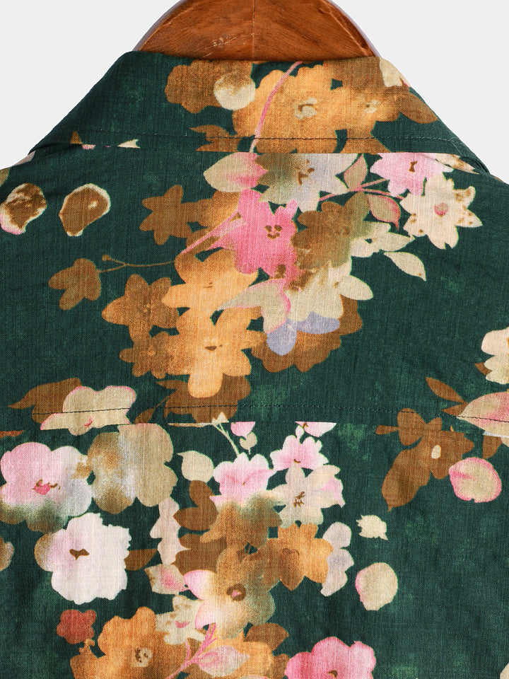 Chemise de plage décontractée à manches courtes en coton vert à fleurs pour homme