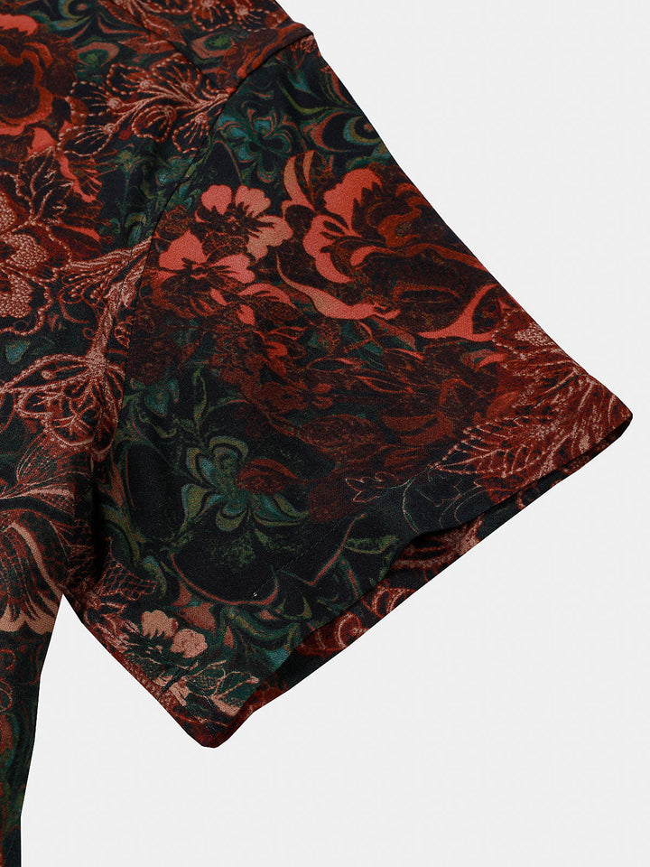 Chemise homme rouge à imprimé floral rétro en 100 % rayonne manches courtes esprit resort
