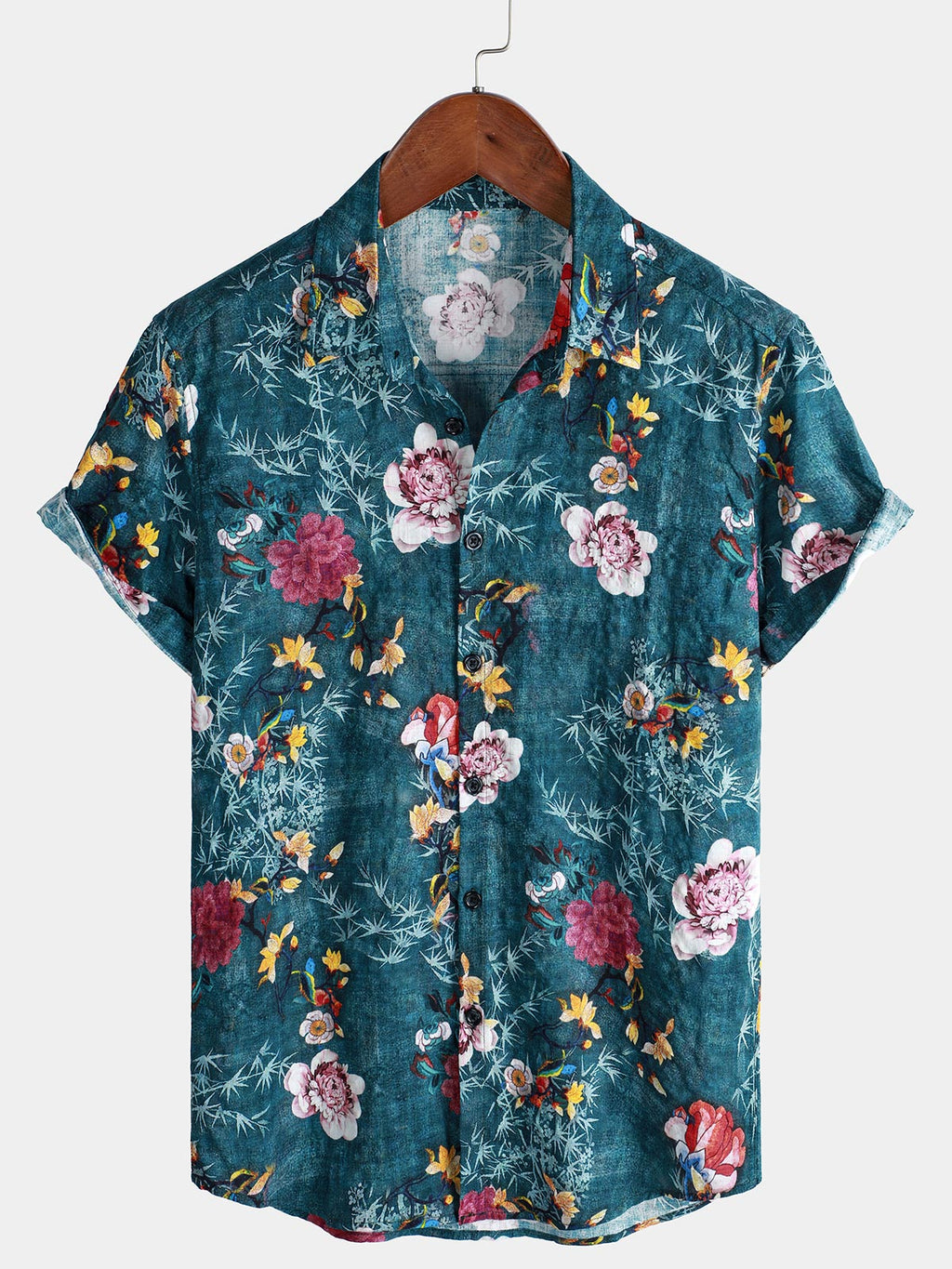 Chemise à manches courtes bleue à imprimé floral rétro pour homme