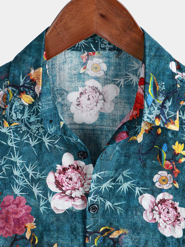 Chemise à manches courtes bleue à imprimé floral rétro pour homme