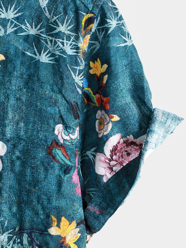 Chemise à manches courtes bleue à imprimé floral rétro pour homme