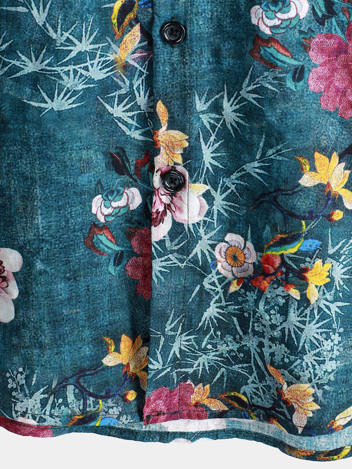 Chemise à manches courtes bleue à imprimé floral rétro pour homme