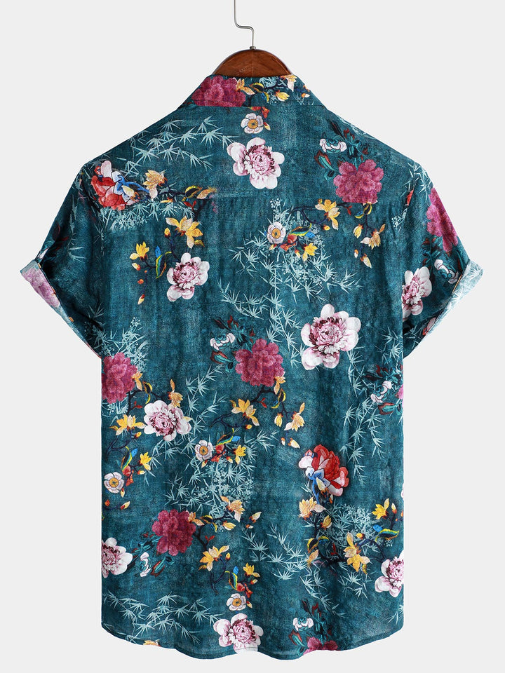Chemise à manches courtes bleue à imprimé floral rétro pour homme