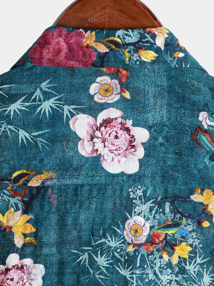 Chemise à manches courtes bleue à imprimé floral rétro pour homme