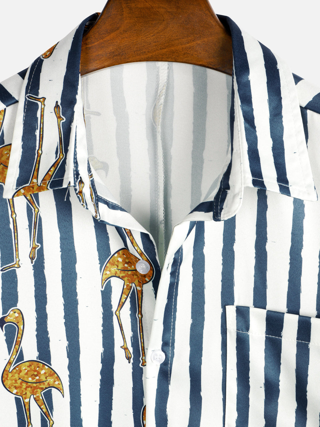 Chemise hawaïenne à manches courtes pour hommes, flamant tropical, bleu marine, imprimé rayé, poche