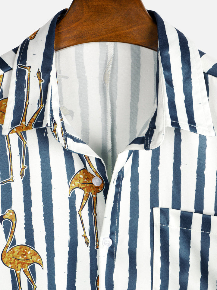 Chemise hawaïenne à manches courtes pour hommes, flamant tropical, bleu marine, imprimé rayé, poche