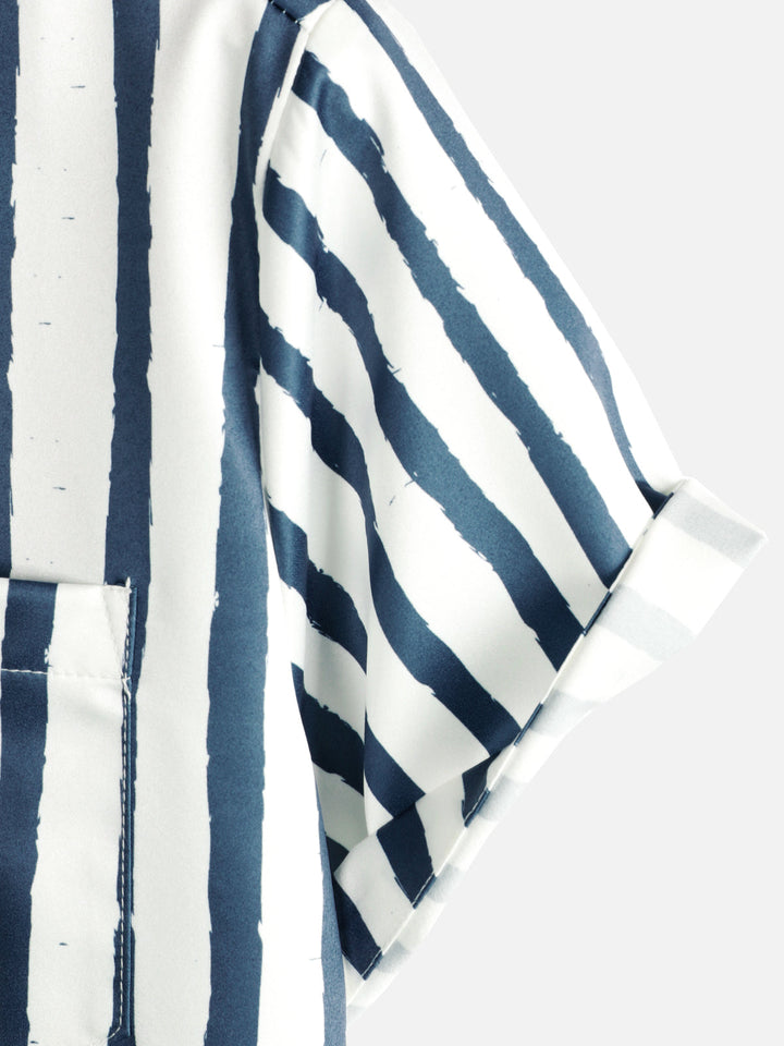 Chemise hawaïenne à manches courtes pour hommes, flamant tropical, bleu marine, imprimé rayé, poche