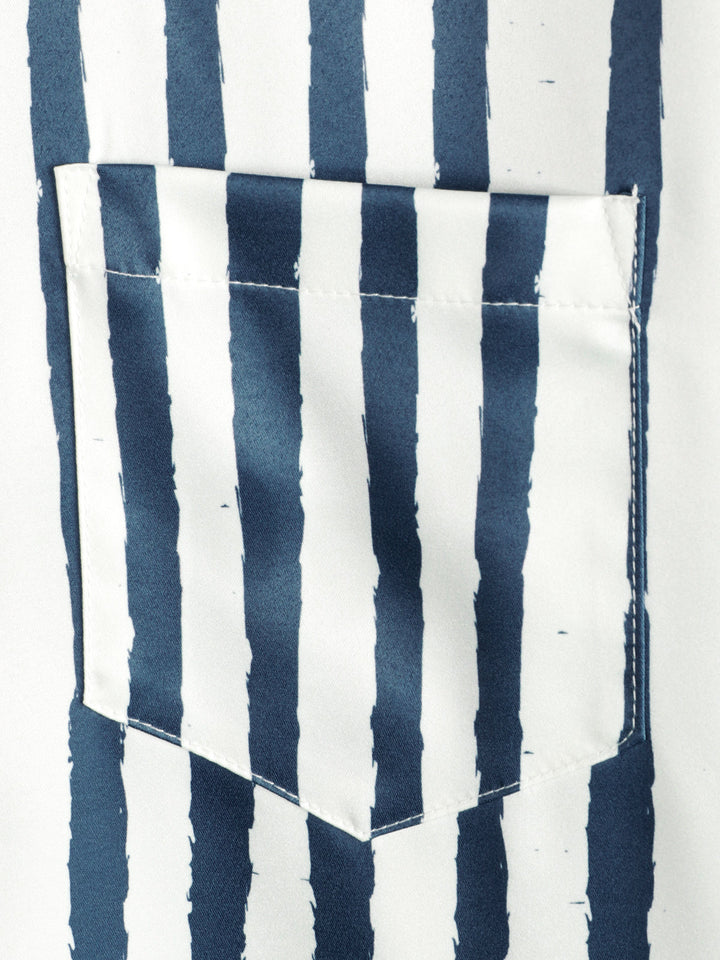 Chemise hawaïenne à manches courtes pour hommes, flamant tropical, bleu marine, imprimé rayé, poche