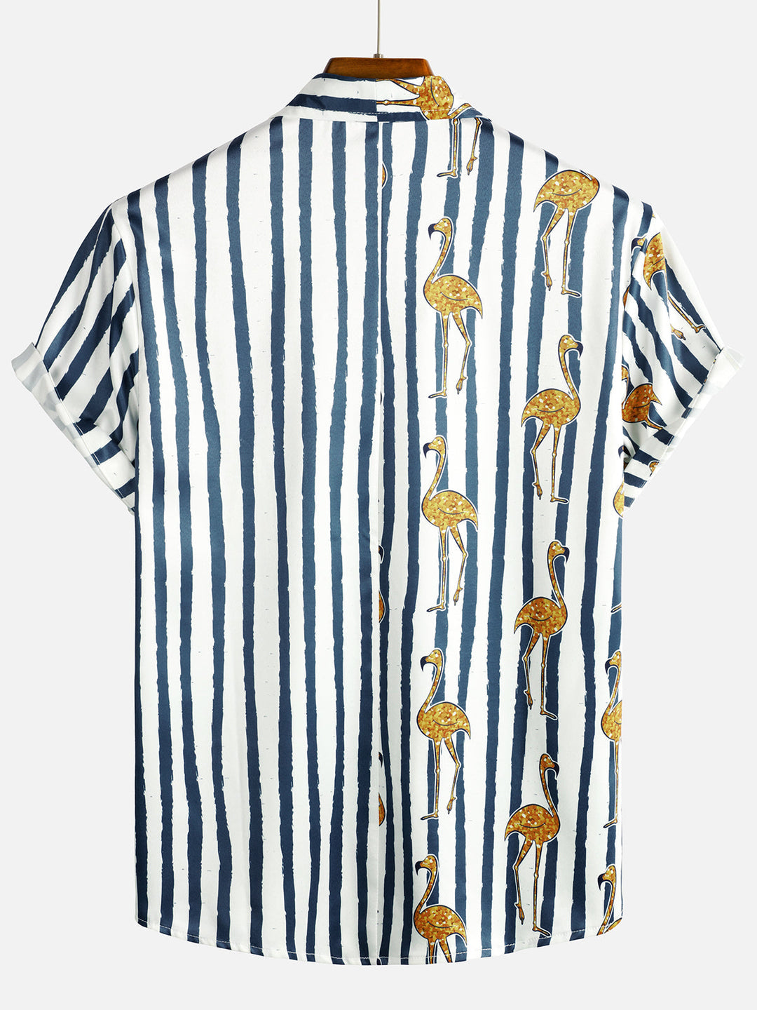 Chemise hawaïenne à manches courtes pour hommes, flamant tropical, bleu marine, imprimé rayé, poche