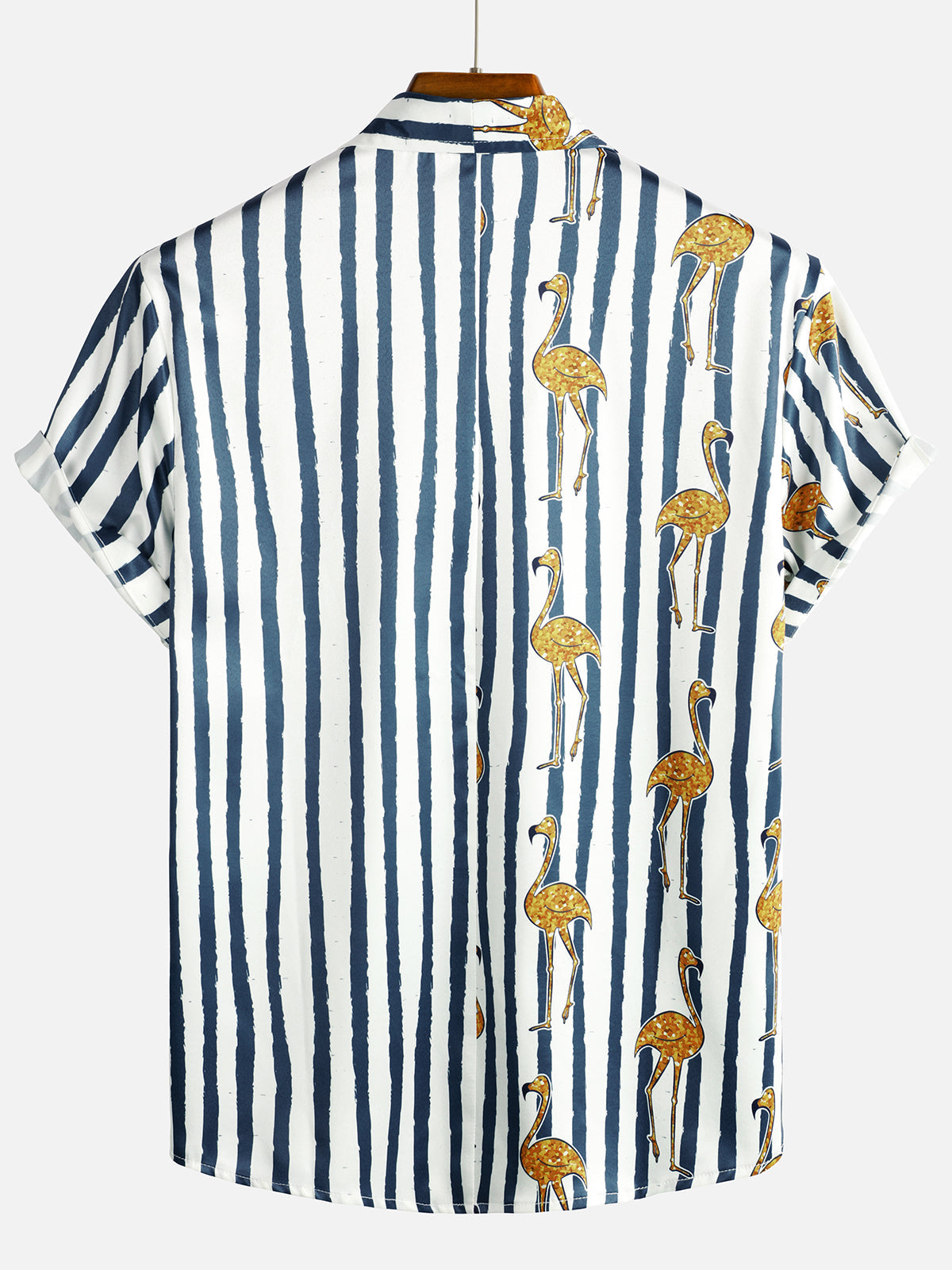 Chemise hawaïenne à manches courtes pour hommes, flamant tropical, bleu marine, imprimé rayé, poche