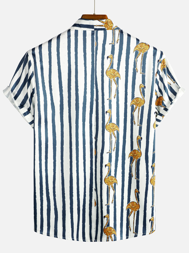 Chemise hawaïenne à manches courtes pour hommes, flamant tropical, bleu marine, imprimé rayé, poche