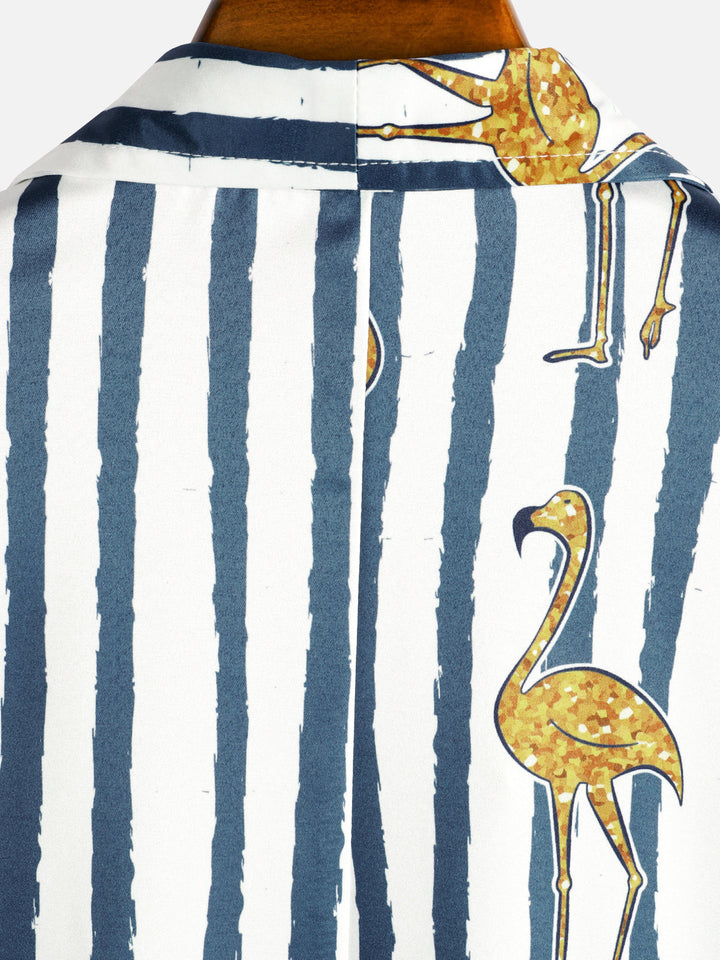 Chemise hawaïenne à manches courtes pour hommes, flamant tropical, bleu marine, imprimé rayé, poche
