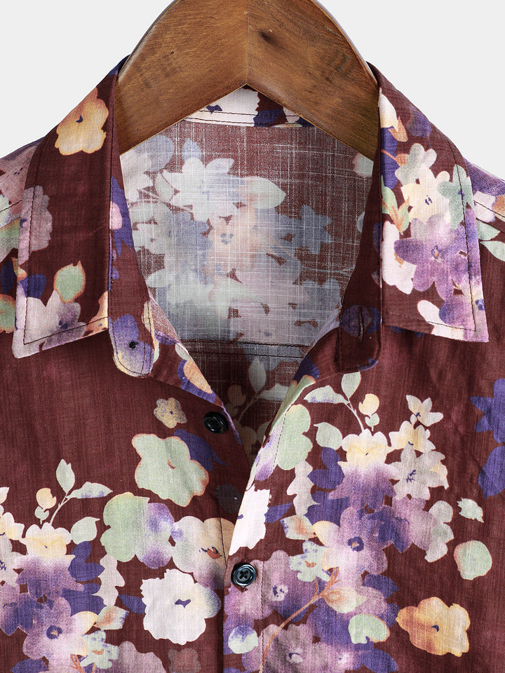 Chemise de plage décontractée à manches courtes en coton à fleurs rouges pour homme
