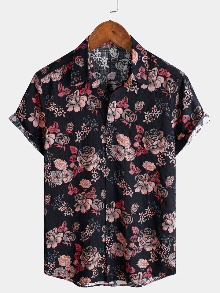 Chemise à manches courtes pour homme, motif floral rétro, noire, pour les vacances d&