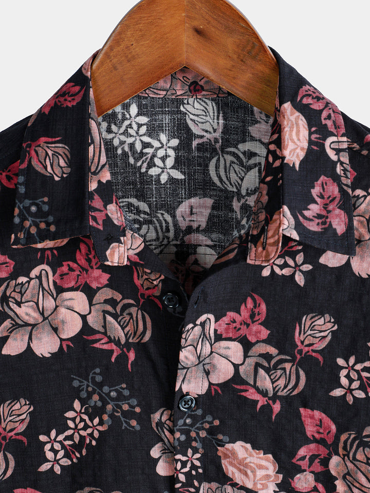 Chemise à manches courtes pour homme, motif floral rétro, noire, pour les vacances d&