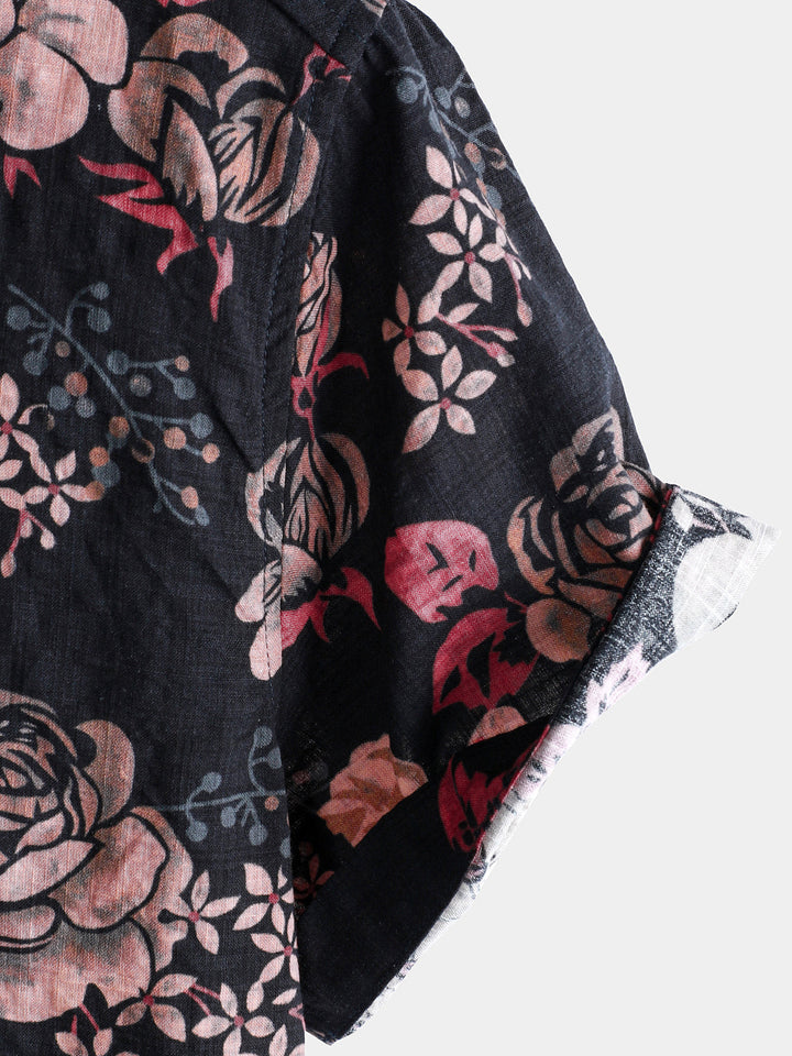 Chemise à manches courtes pour homme, motif floral rétro, noire, pour les vacances d&