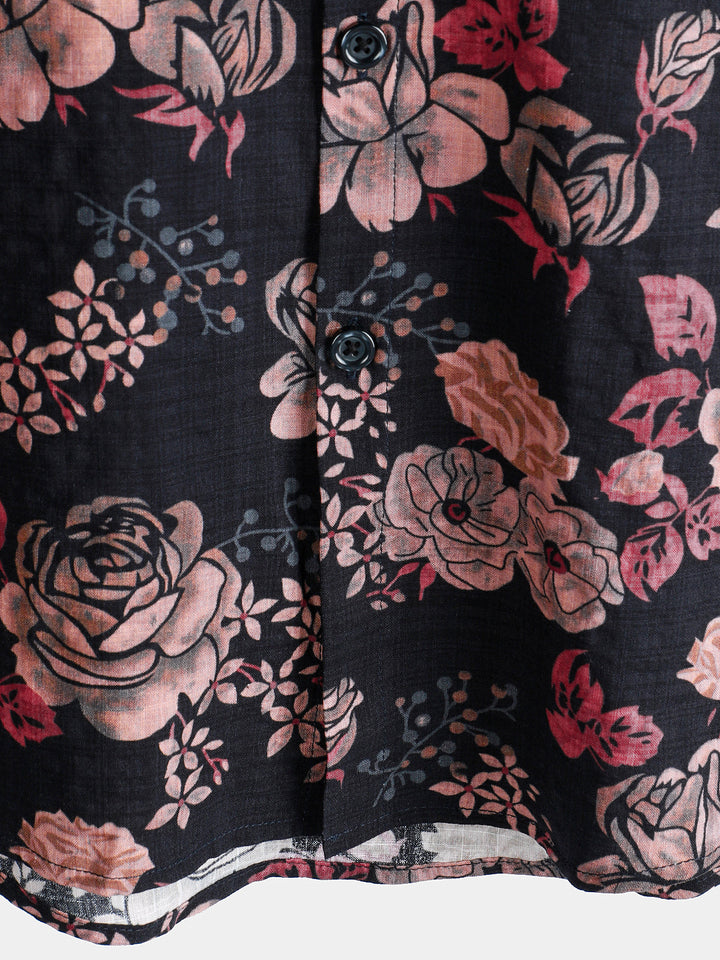 Chemise à manches courtes pour homme, motif floral rétro, noire, pour les vacances d&