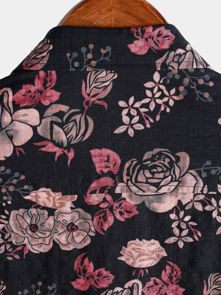 Chemise à manches courtes pour homme, motif floral rétro, noire, pour les vacances d&