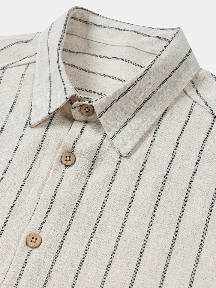 Chemise Homme Beige à Rayures en Lin et Coton Décontractée Manches Courtes