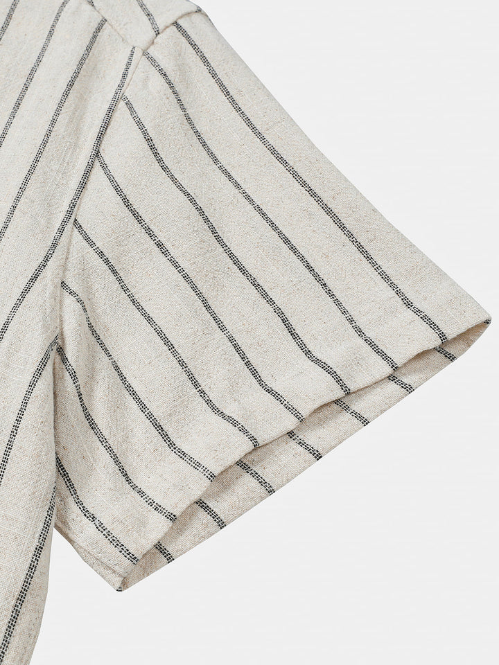 Chemise Homme Beige à Rayures en Lin et Coton Décontractée Manches Courtes