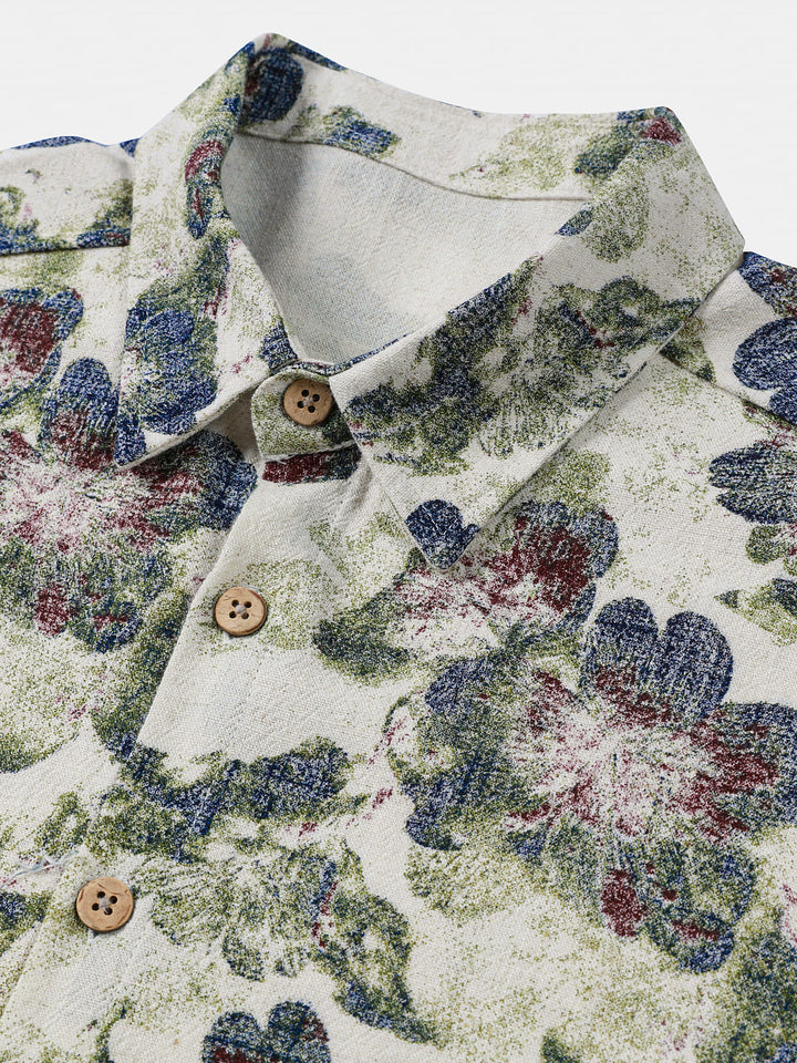 Chemise Homme à Imprimé Floral en Lin et Coton Style Plage Manches Courtes