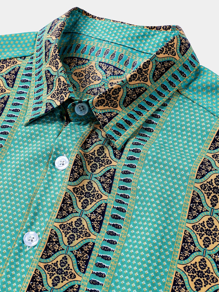 Chemise Homme Rétro à Rayures Florales Boutonnée Légère d’Été Manches Courtes