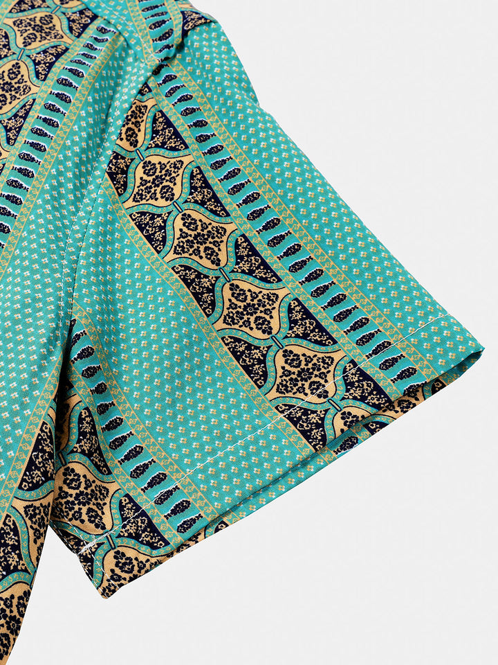 Chemise Homme Rétro à Rayures Florales Boutonnée Légère d’Été Manches Courtes