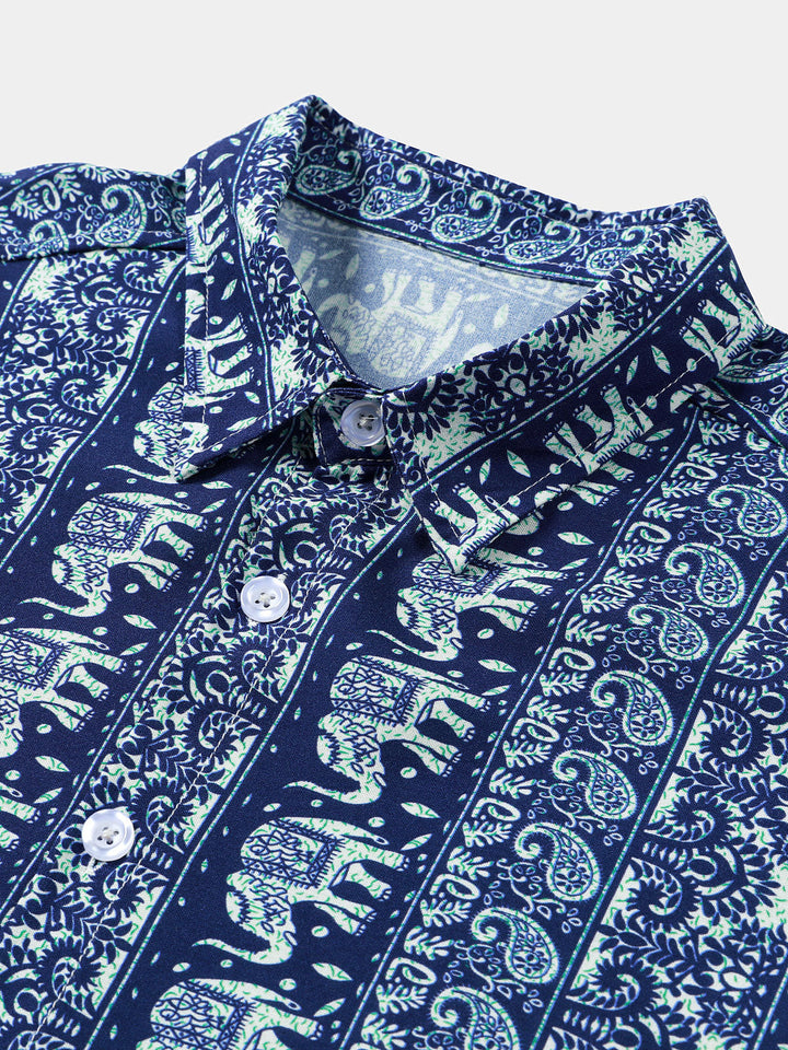 Chemise Homme à Imprimé Éléphant Style Rétro Légère Décontractée d’Été Manches Courtes