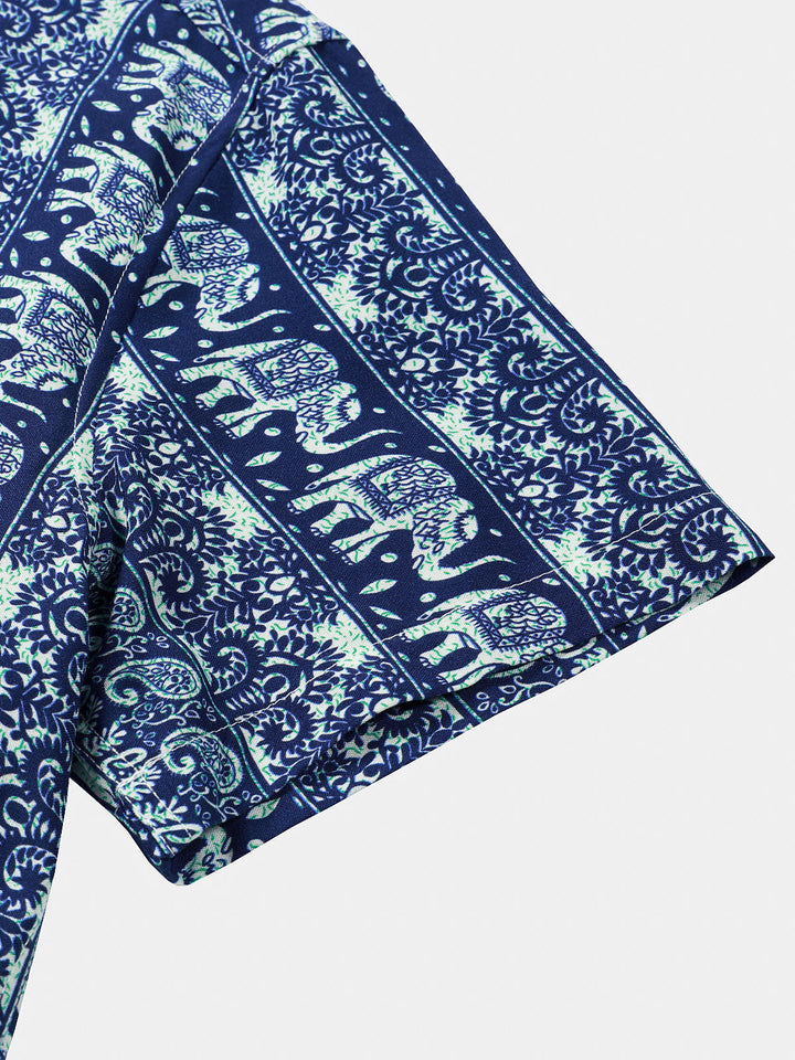 Chemise Homme à Imprimé Éléphant Style Rétro Légère Décontractée d’Été Manches Courtes