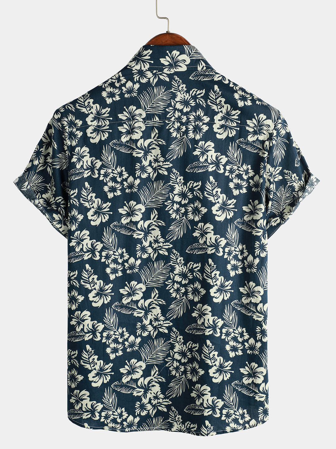 Chemise de plage boutonnée à manches courtes en coton avec feuilles de plantes tropicales bleues pour hommes Aloha Resort