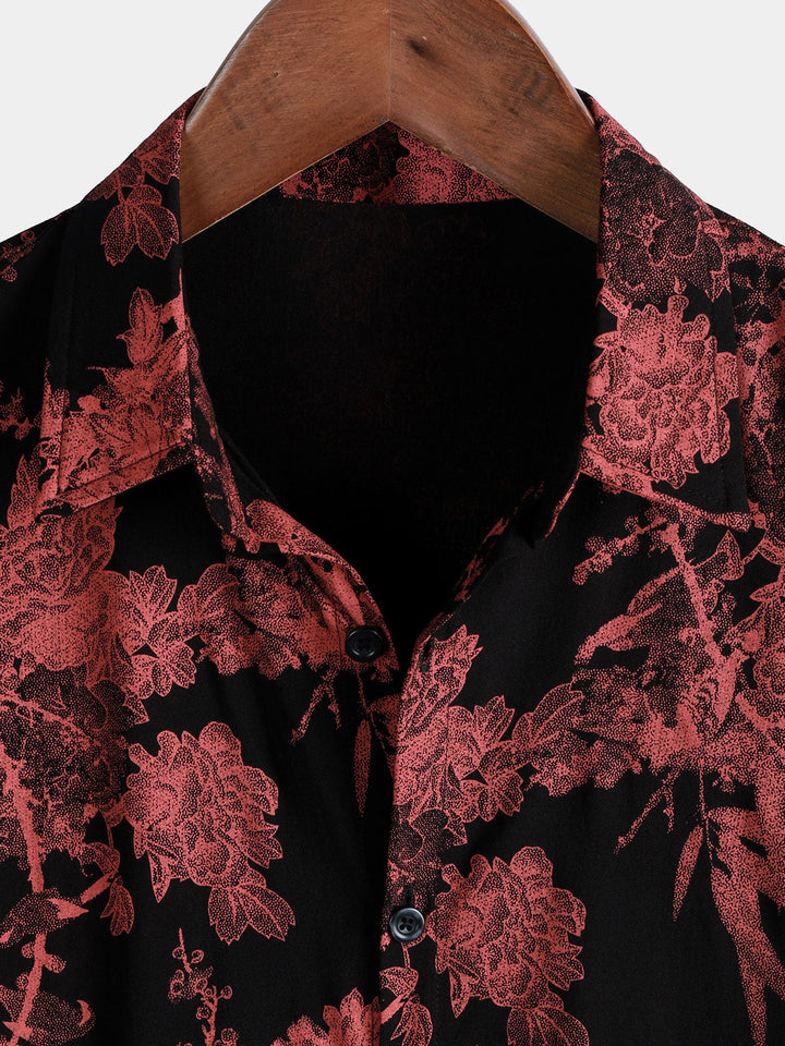 Chemise Homme Rouge Noir Fleurie Rétro Boutonnée Plage
