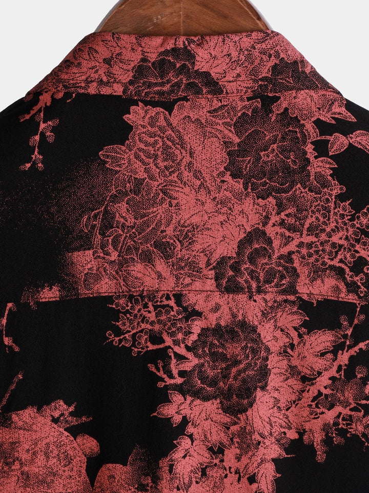 Chemise Homme Rouge Noir Fleurie Rétro Boutonnée Plage