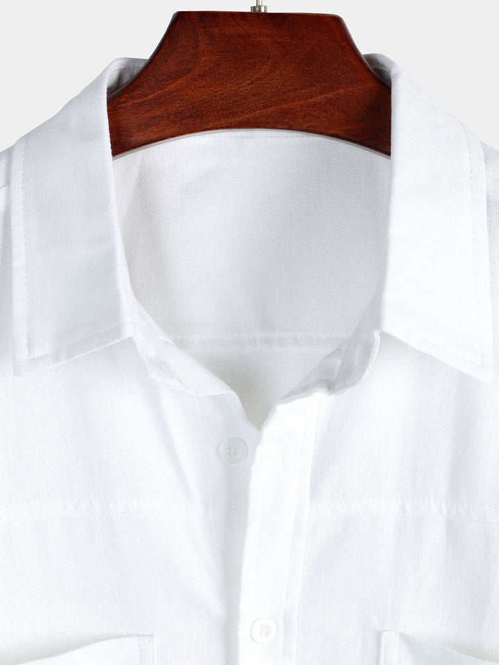 Chemise à manches courtes en coton et lin avec poches poitrine pour hommes