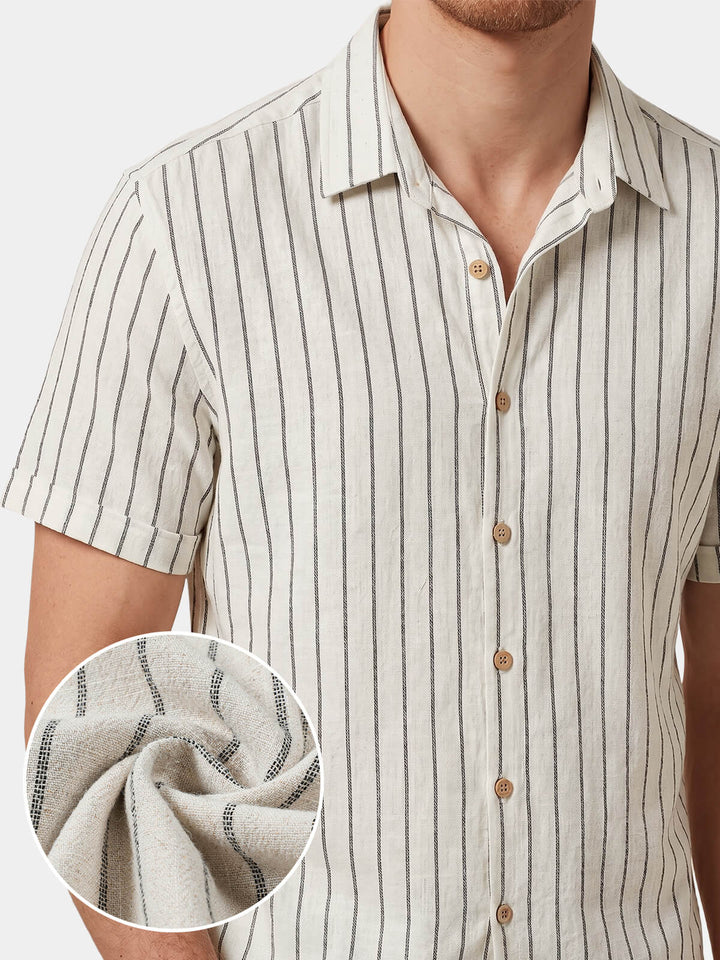 Chemise Homme Beige à Rayures en Lin et Coton Décontractée Manches Courtes
