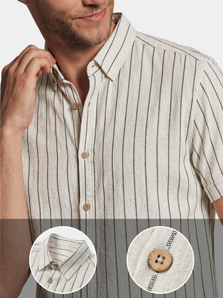 Chemise Homme Beige à Rayures en Lin et Coton Décontractée Manches Courtes
