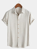 Chemise Homme Beige à Rayures en Lin et Coton Décontractée Manches Courtes