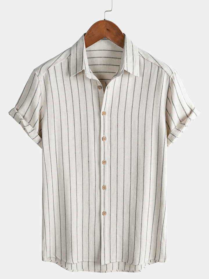 Chemise Homme Beige à Rayures en Lin et Coton Décontractée Manches Courtes