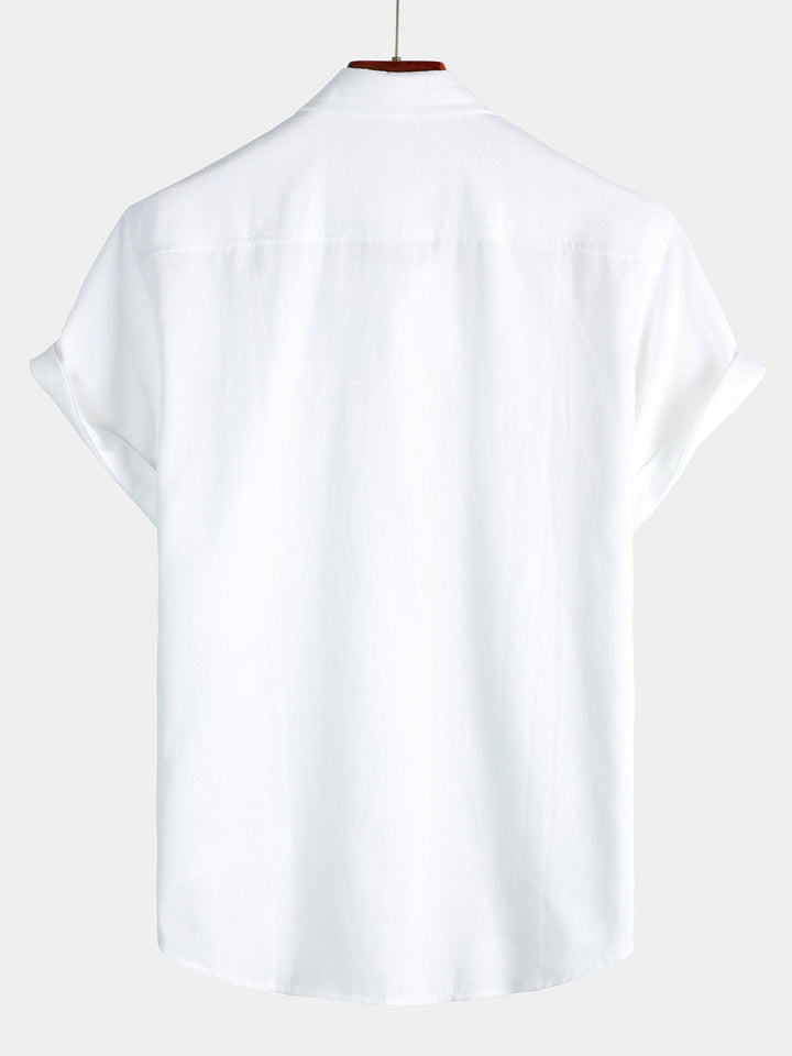 Chemise à manches courtes en coton et lin avec poches poitrine pour hommes