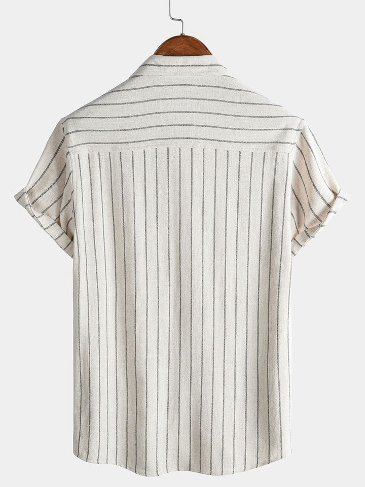 Chemise Homme Beige à Rayures en Lin et Coton Décontractée Manches Courtes