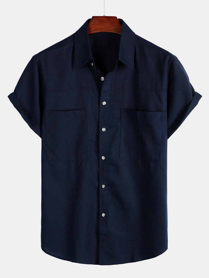 Chemise à manches courtes en coton et lin avec poches poitrine pour hommes