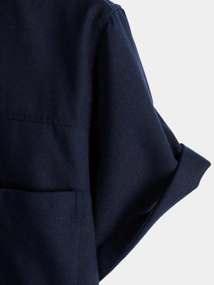Chemise à manches courtes en coton et lin avec poches poitrine pour hommes