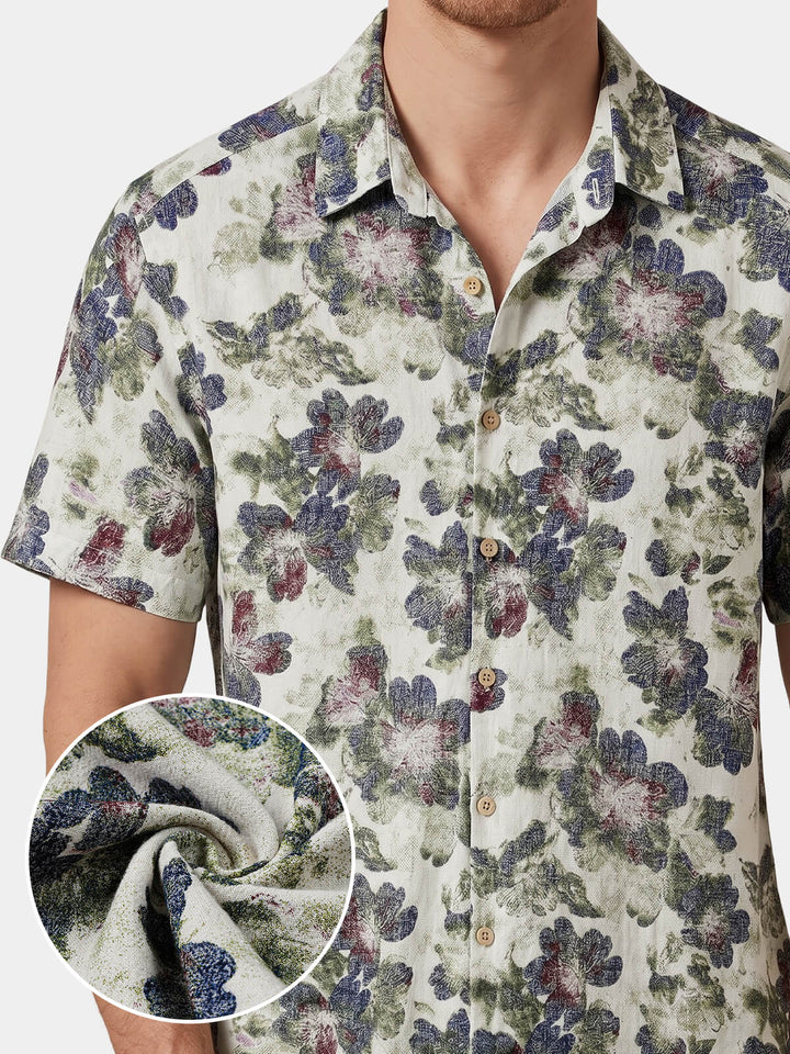 Chemise Homme à Imprimé Floral en Lin et Coton Style Plage Manches Courtes