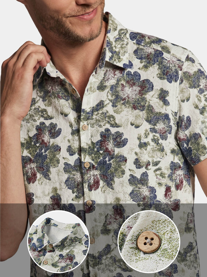 Chemise Homme à Imprimé Floral en Lin et Coton Style Plage Manches Courtes
