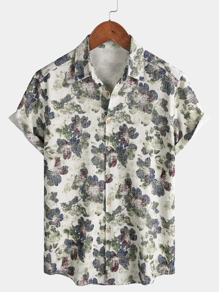 Chemise Homme à Imprimé Floral en Lin et Coton Style Plage Manches Courtes