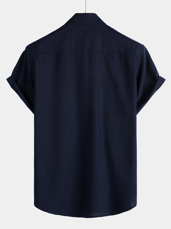 Chemise à manches courtes en coton et lin avec poches poitrine pour hommes