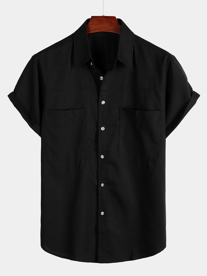 Chemise à manches courtes en coton et lin avec poches poitrine pour hommes