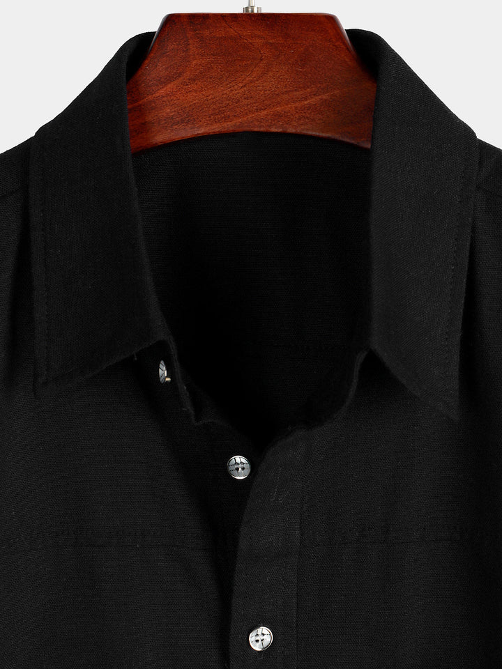Chemise à manches courtes en coton et lin avec poches poitrine pour hommes