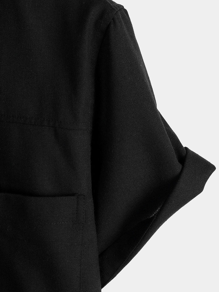 Chemise à manches courtes en coton et lin avec poches poitrine pour hommes